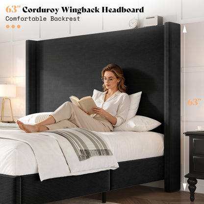 Cordelle Corduroy Wingback Bed Frame-Queen-Black