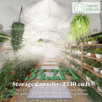 Canopy 34x10 FT Walk-In Greenhouse with Watering System-White+Green-34x10 FT
