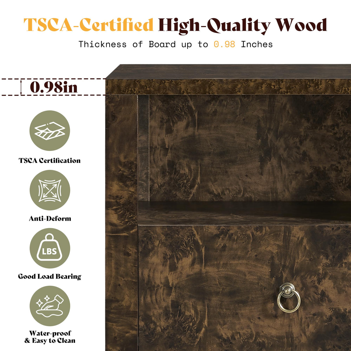 Burl Set of 2 Mid Century Modern Wood Nightstand with Drawer-Brown