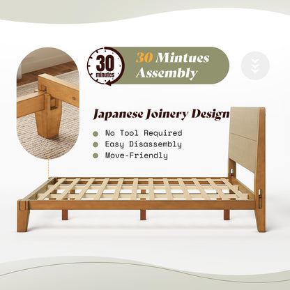 Japanese Joinery Solid Wood King Bed Frame-Queen-Brown Walnut