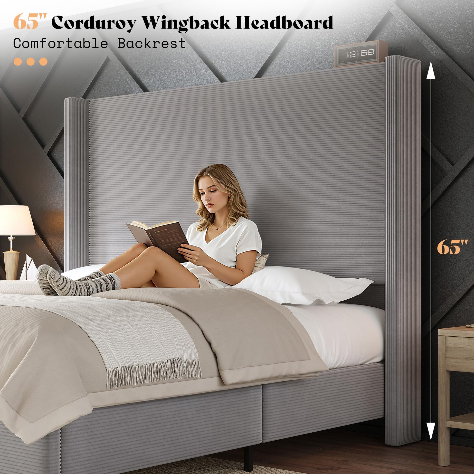 Cordelle Corduroy Wingback Bed Frame-California King-Light Grey