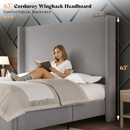 Cordelle Corduroy Wingback Bed Frame-California King-Light Grey