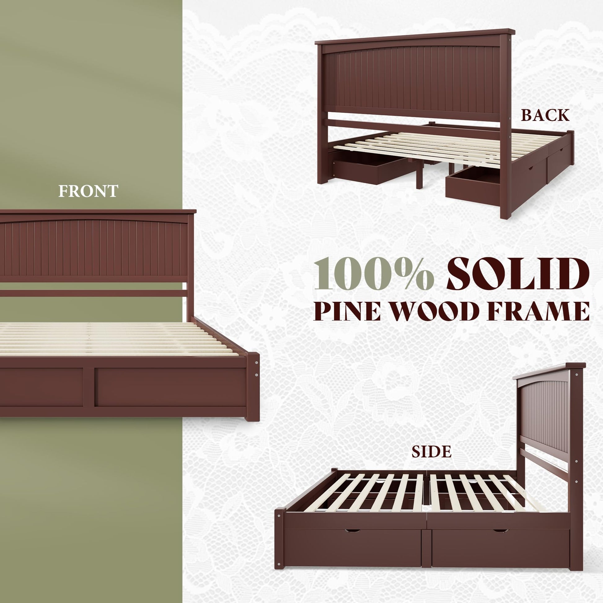Solid Wood Platform Bed Frame-Queen-Espresso Brown