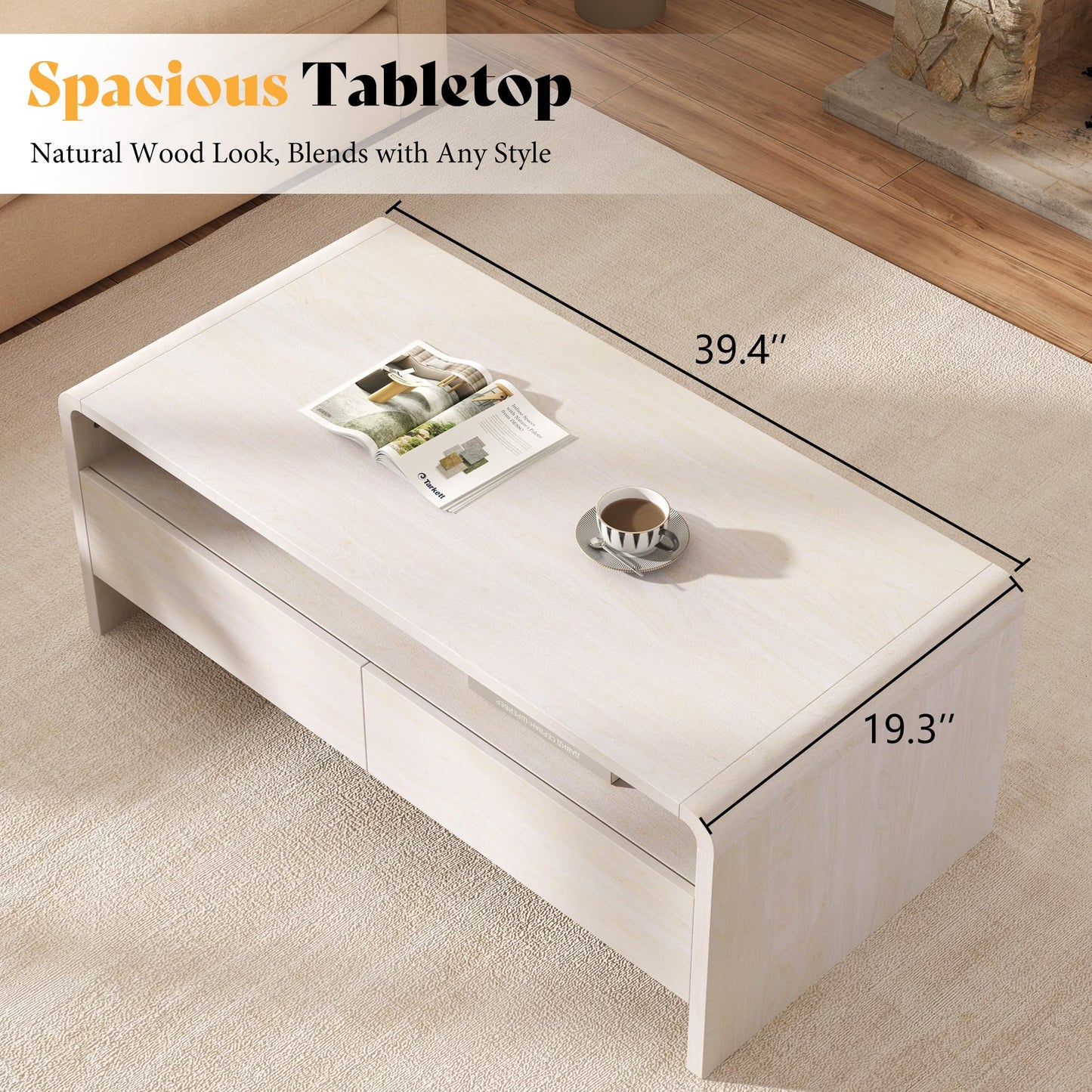 Modern Wood Grain Coffee Table with Drawers-White-Flat