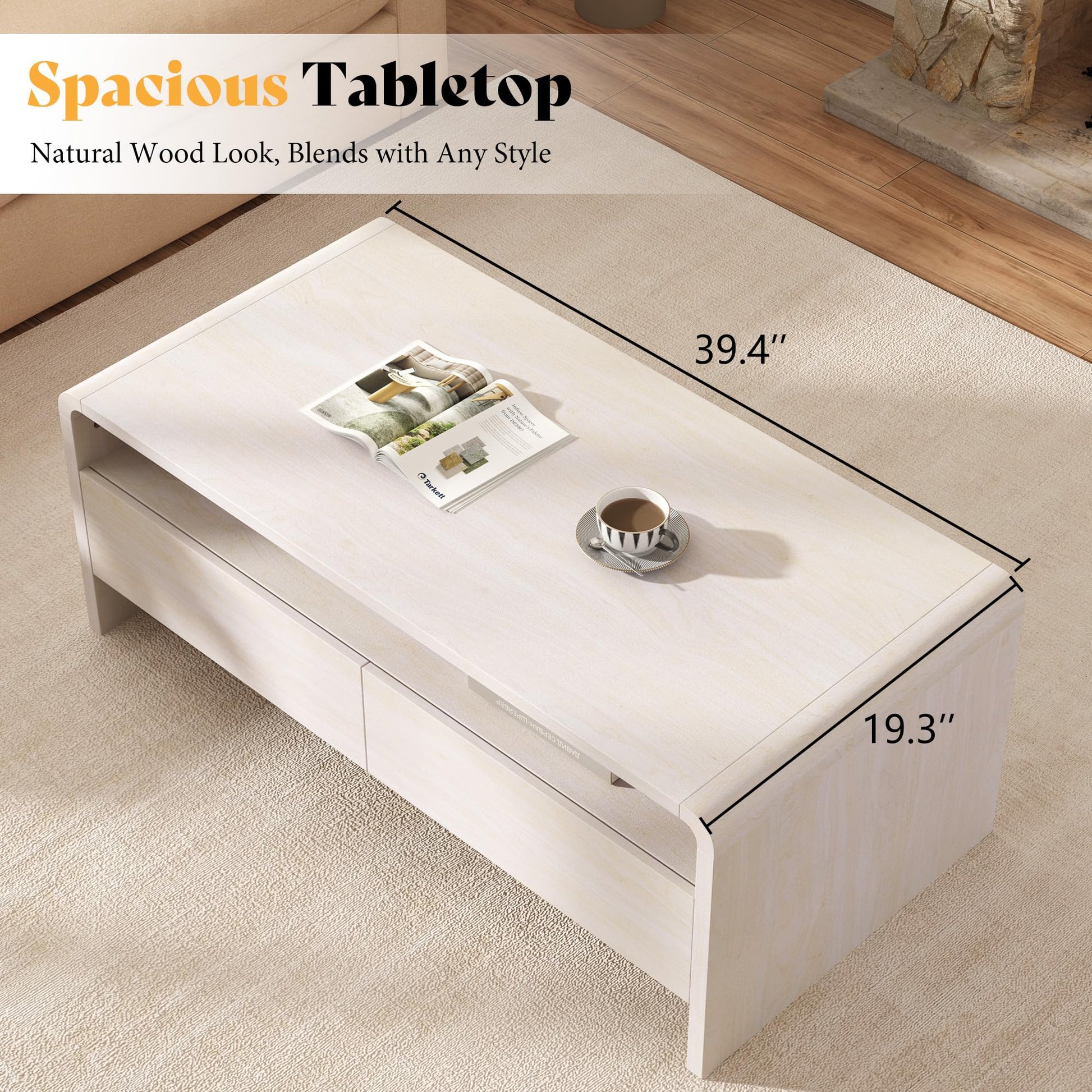 Modern Wood Grain Coffee Table with Drawers-White-Flat