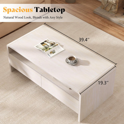 Modern Wood Grain Coffee Table with Drawers-White-Flat