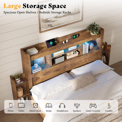 Farmhouse King Headboard with Storage & LED Lighting-Rustic Brown-Queen