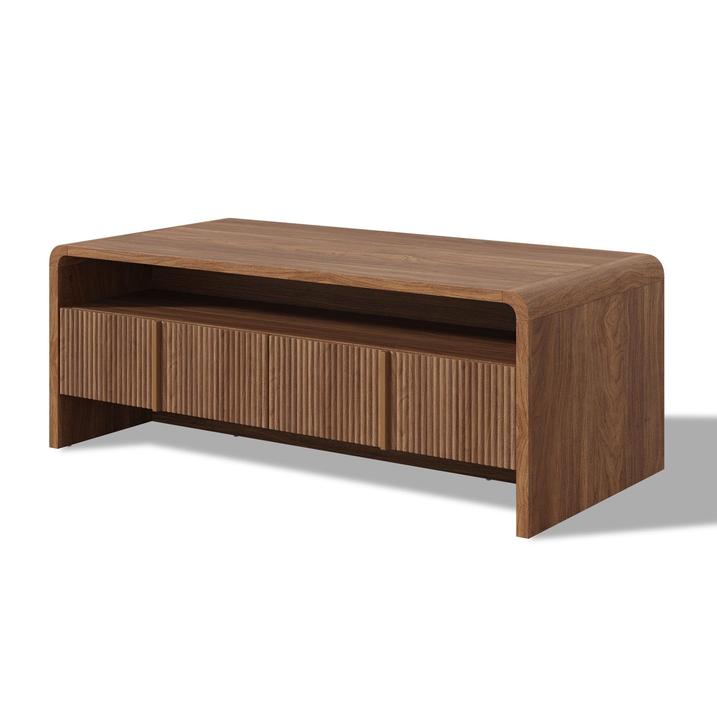 Modern Wood Grain Coffee Table with Drawers-Brown-Fluted