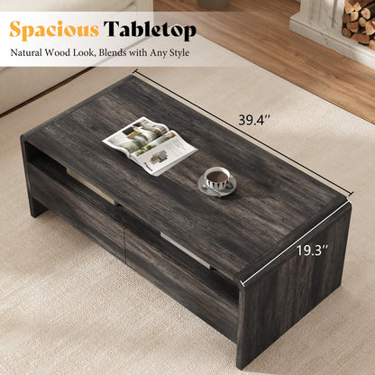 Modern Wood Grain Coffee Table with Drawers-Black-Flat