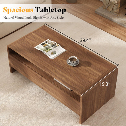 Modern Wood Grain Coffee Table with Drawers-Brown-Flat