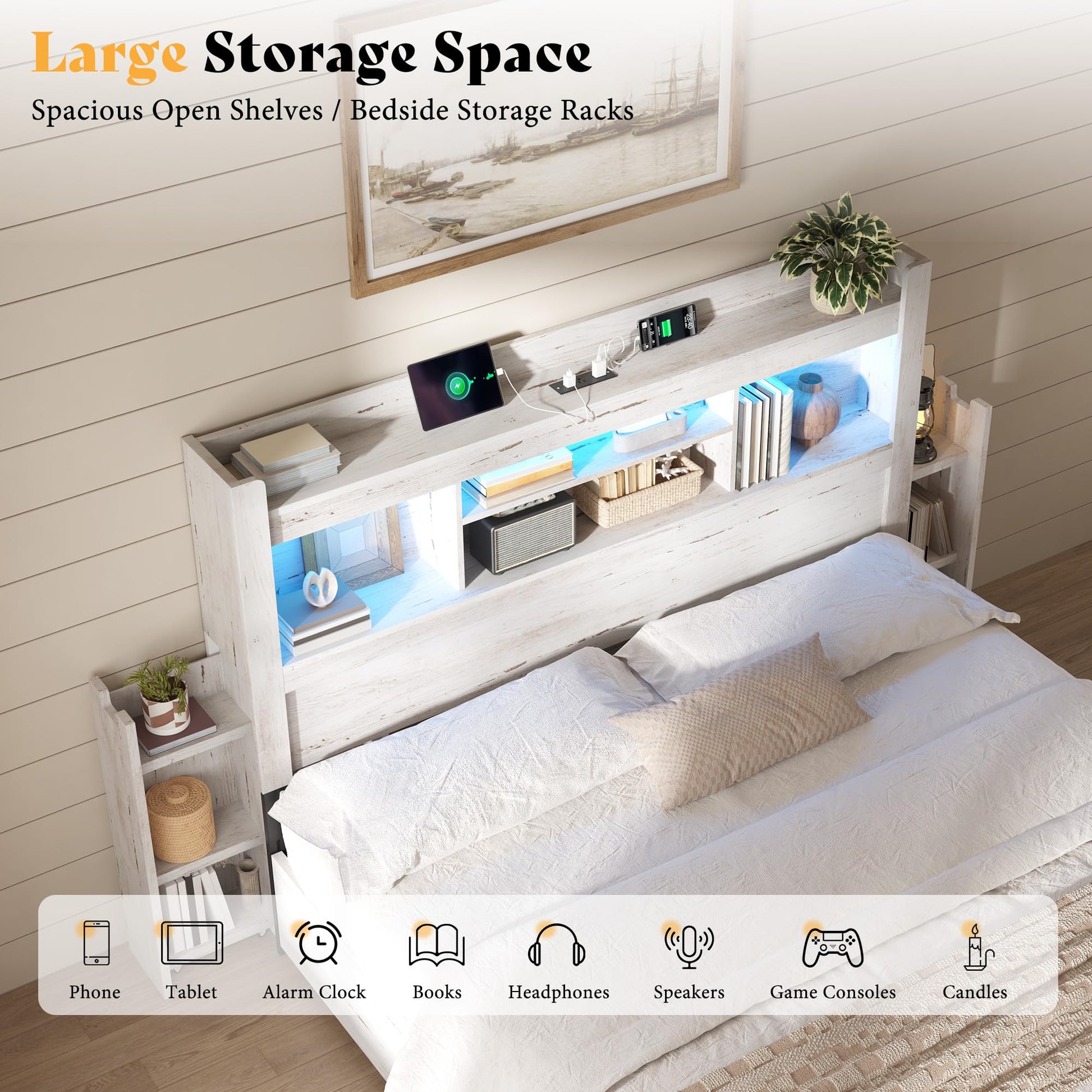 Farmhouse King Headboard with Storage & LED Lighting-Distressed White-King