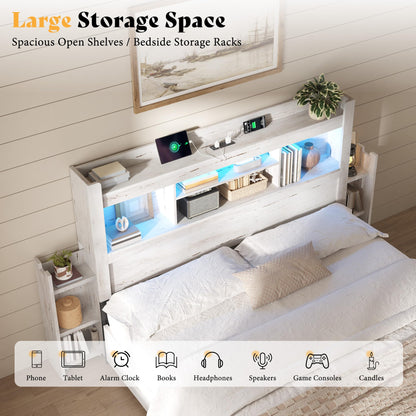 Farmhouse King Headboard with Storage & LED Lighting-Distressed White-King