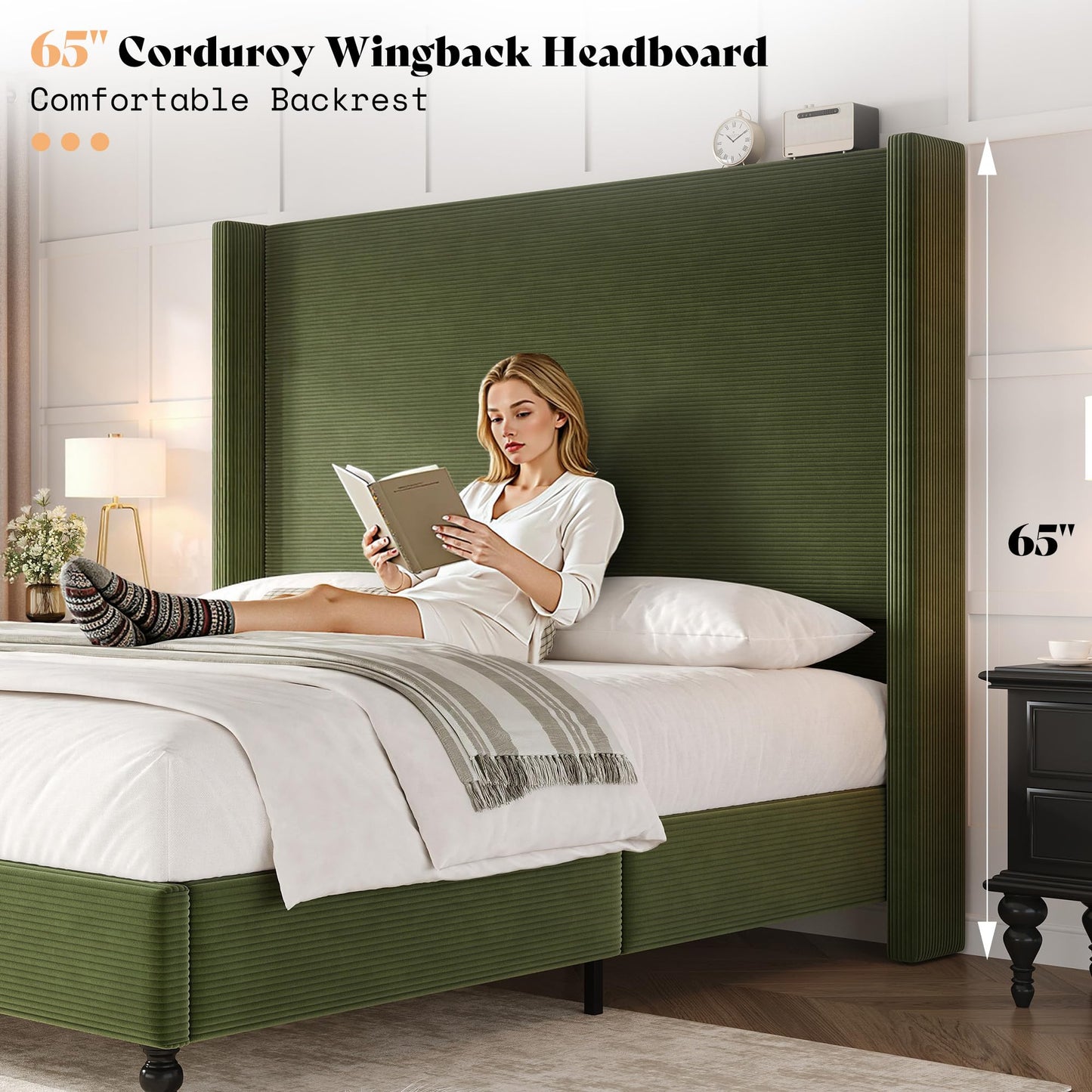 Cordelle Corduroy Wingback Bed Frame-California King-Green