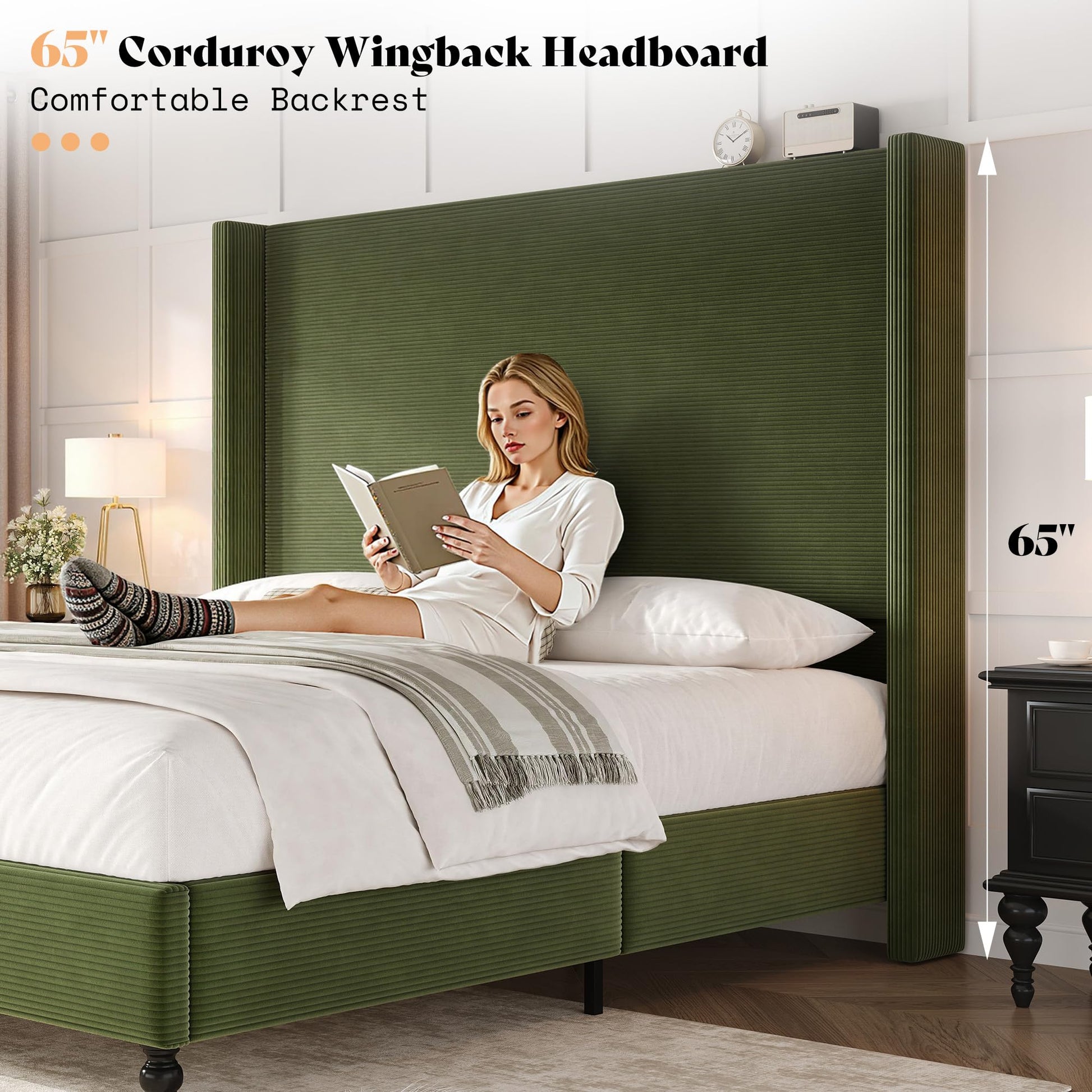 Cordelle Corduroy Wingback Bed Frame-California King-Green