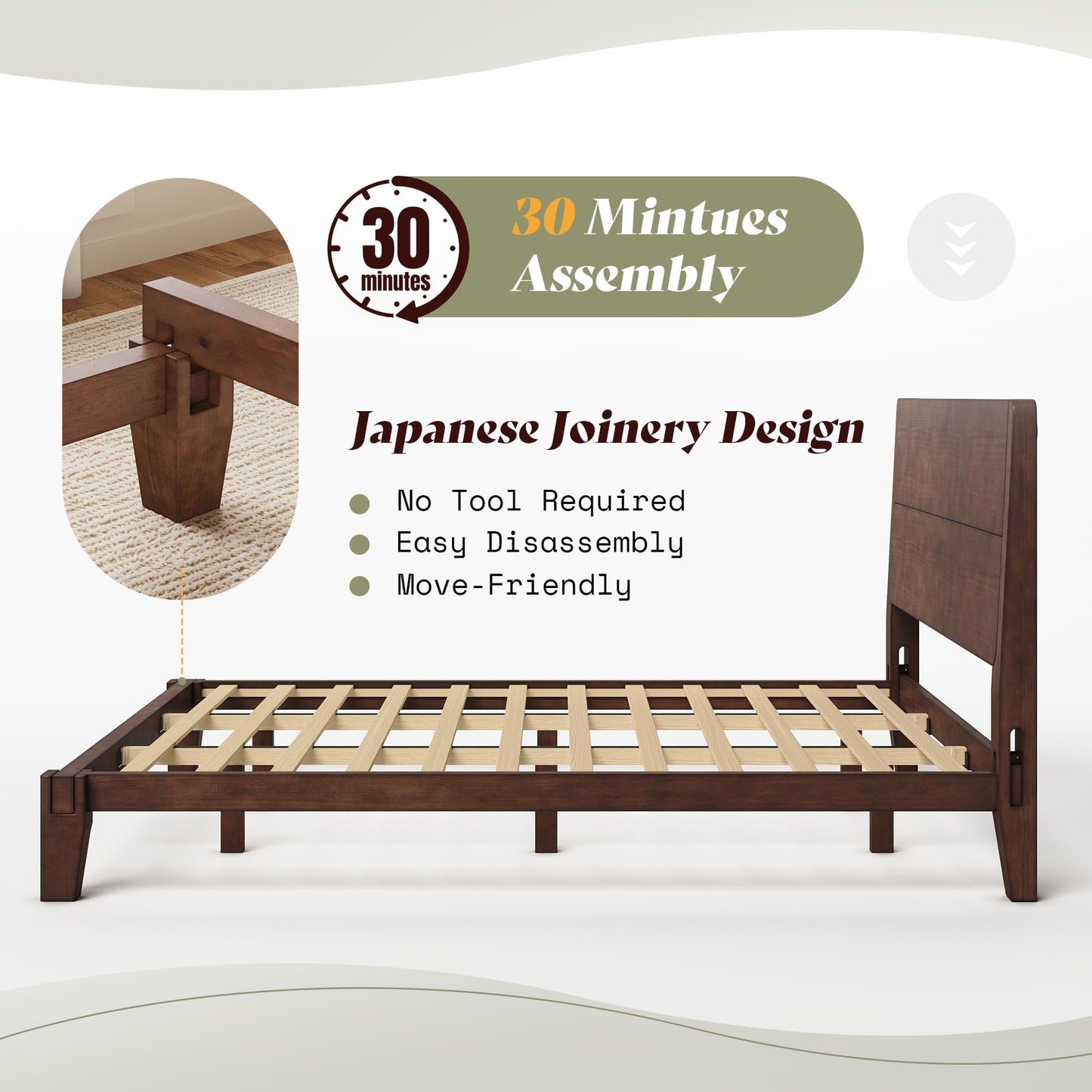 Japanese Joinery Solid Wood King Bed Frame-King-Dark Walnut
