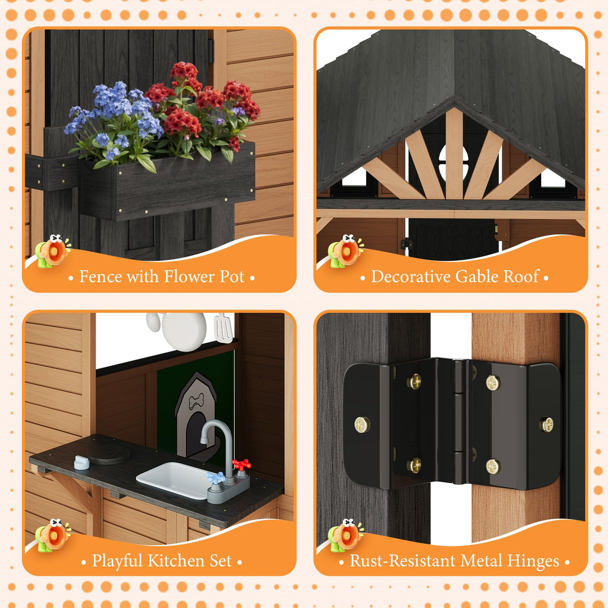 Wooden Outdoor Playhouse for Kids with Kitchen-Brown-81.9" L x 83.9" W x 64.8" H