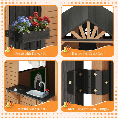 Wooden Outdoor Playhouse for Kids with Kitchen-Brown-81.9" L x 83.9" W x 64.8" H
