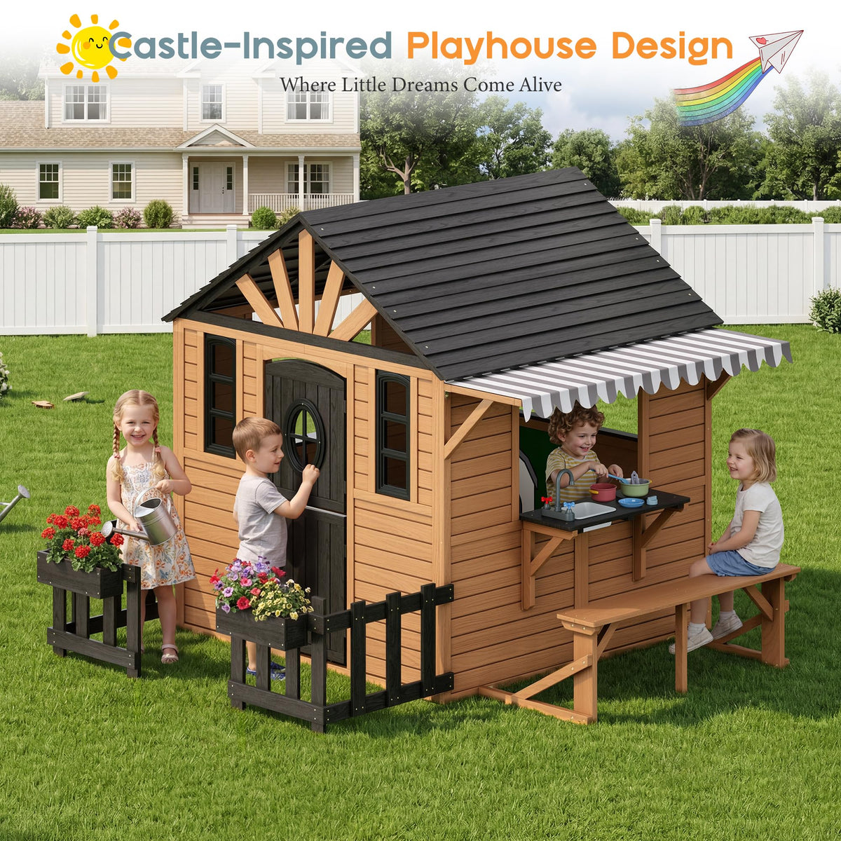 Wooden Outdoor Playhouse for Kids with Kitchen-Brown-81.9" L x 83.9" W x 64.8" H