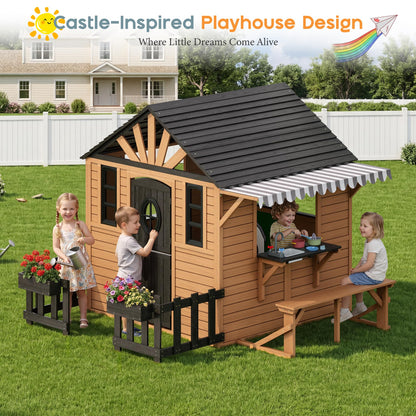 Wooden Outdoor Playhouse for Kids with Kitchen-Brown-81.9" L x 83.9" W x 64.8" H