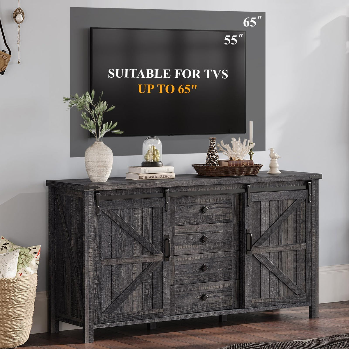 Marlowe Farmhouse Dresser with Drawers-15.8"D x 60"W x 31"H (4 Drawers)-Black Oak