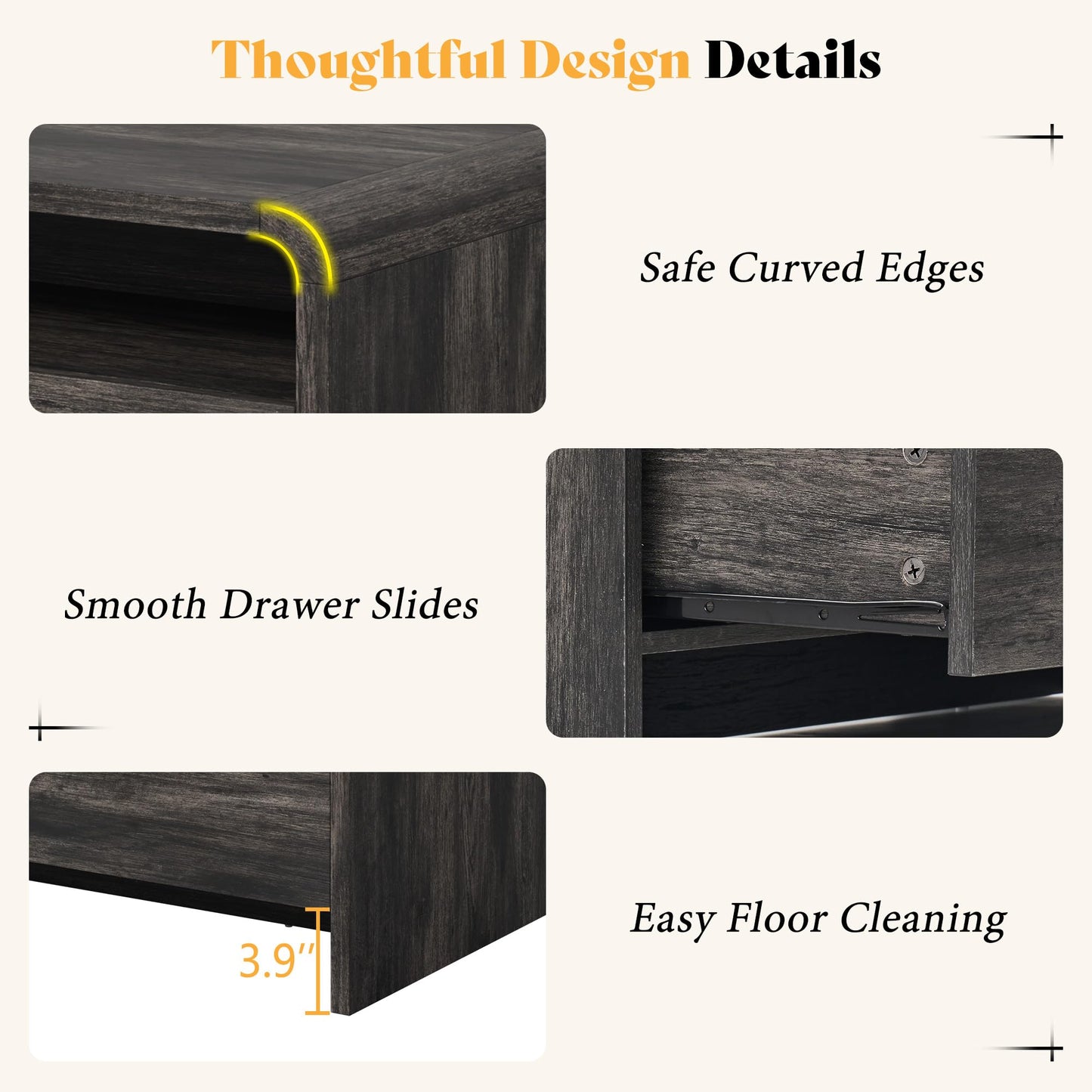 Modern Wood Grain Coffee Table with Drawers-Black-Flat