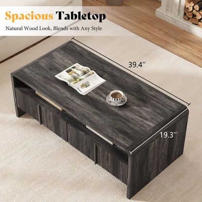 Onyx Modern Wood Grain Coffee Table with Drawers-Black-Fluted