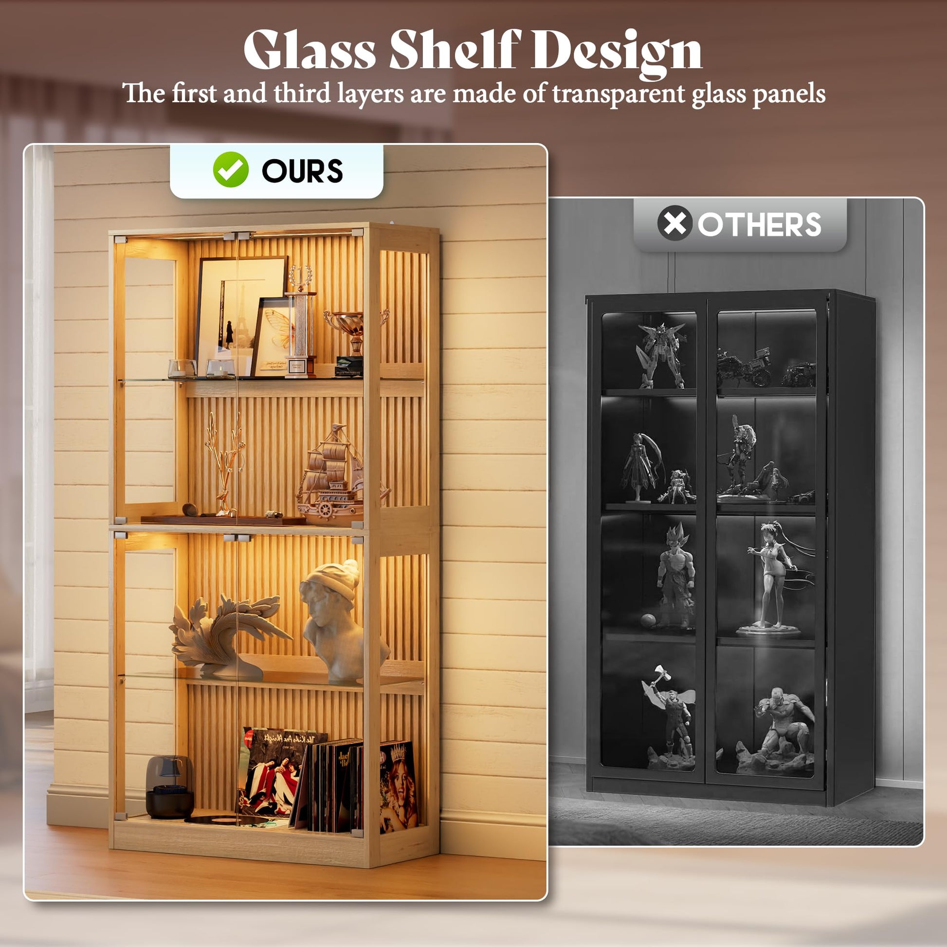 RGB Display Cabinet with Adjustable Glass Shelves Amerlife Wood / 32x16x70in
