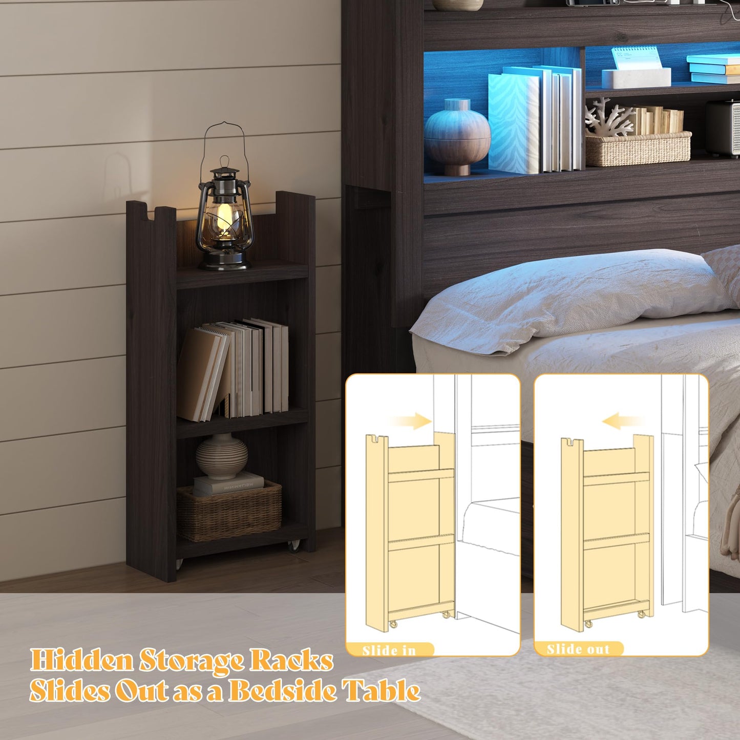 Farmhouse King Headboard with Storage & LED Lighting-Black Oak-Queen