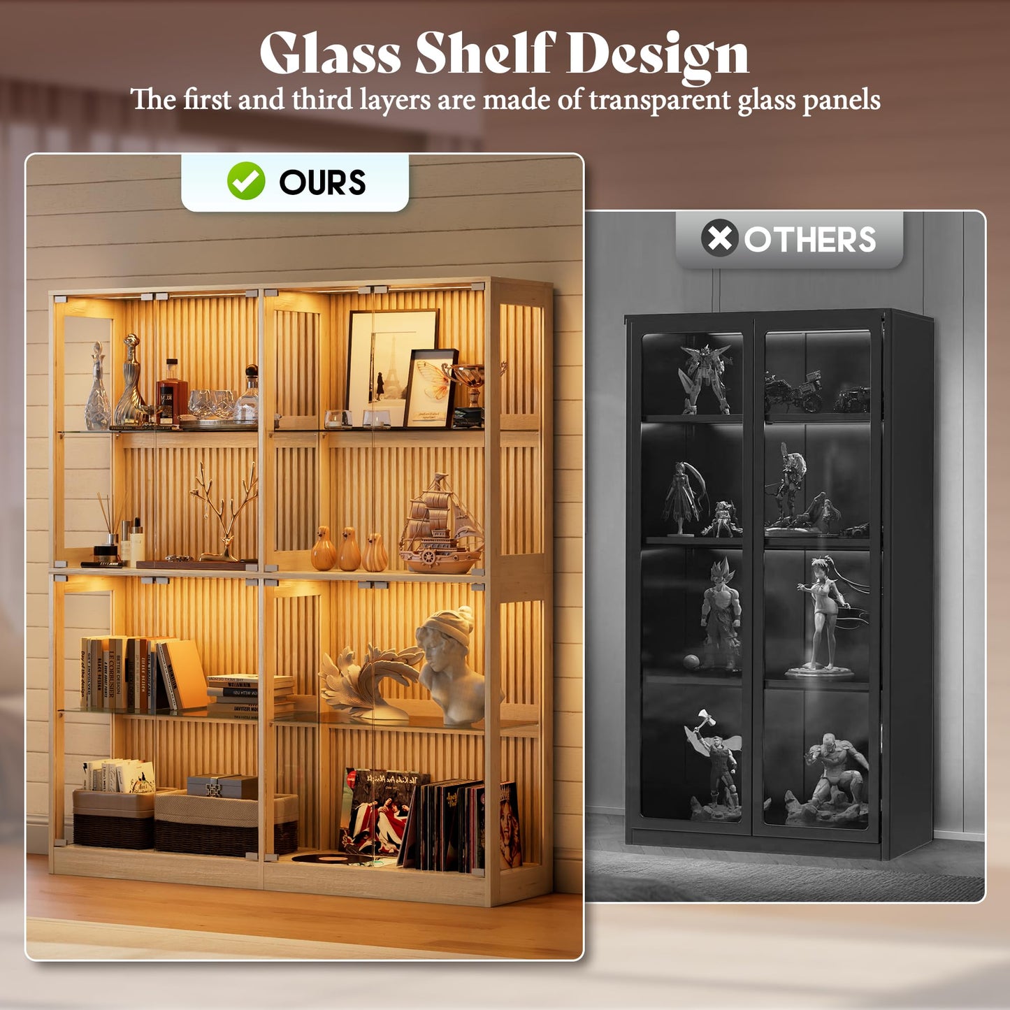 RGB Display Cabinet with Adjustable Glass Shelves Amerlife Wood / 60x16x70in