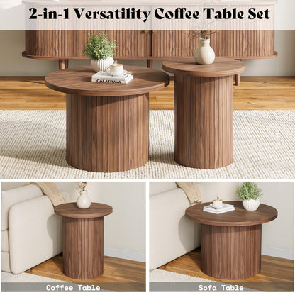 Briar Round Nesting Coffee Table Set with Full Fluted Design-Walnut