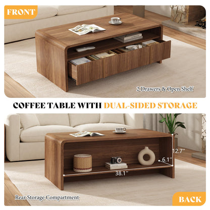 Modern Wood Grain Coffee Table with Drawers-Brown-Fluted
