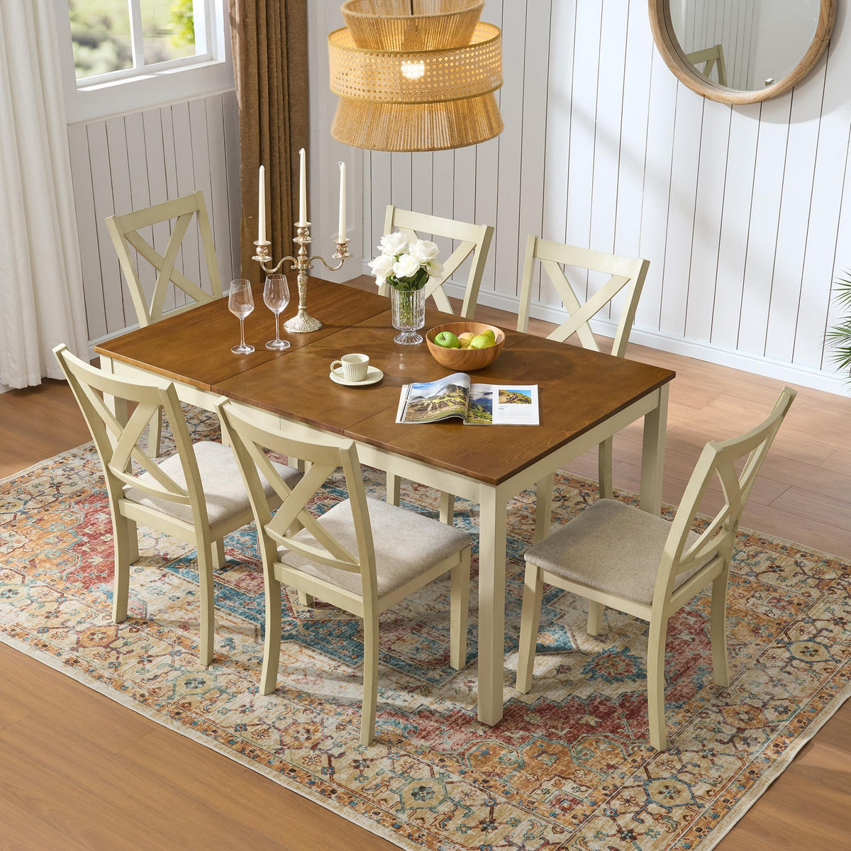 Willow 7-Piece Solid Wood Dining Table Set-7-Piece-Cream & Brown