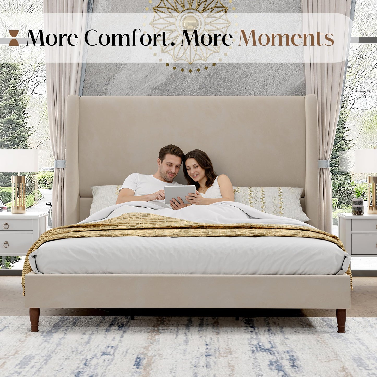 Tall Upholstered Bed Frame with Wingback Headboard-King-Off-white