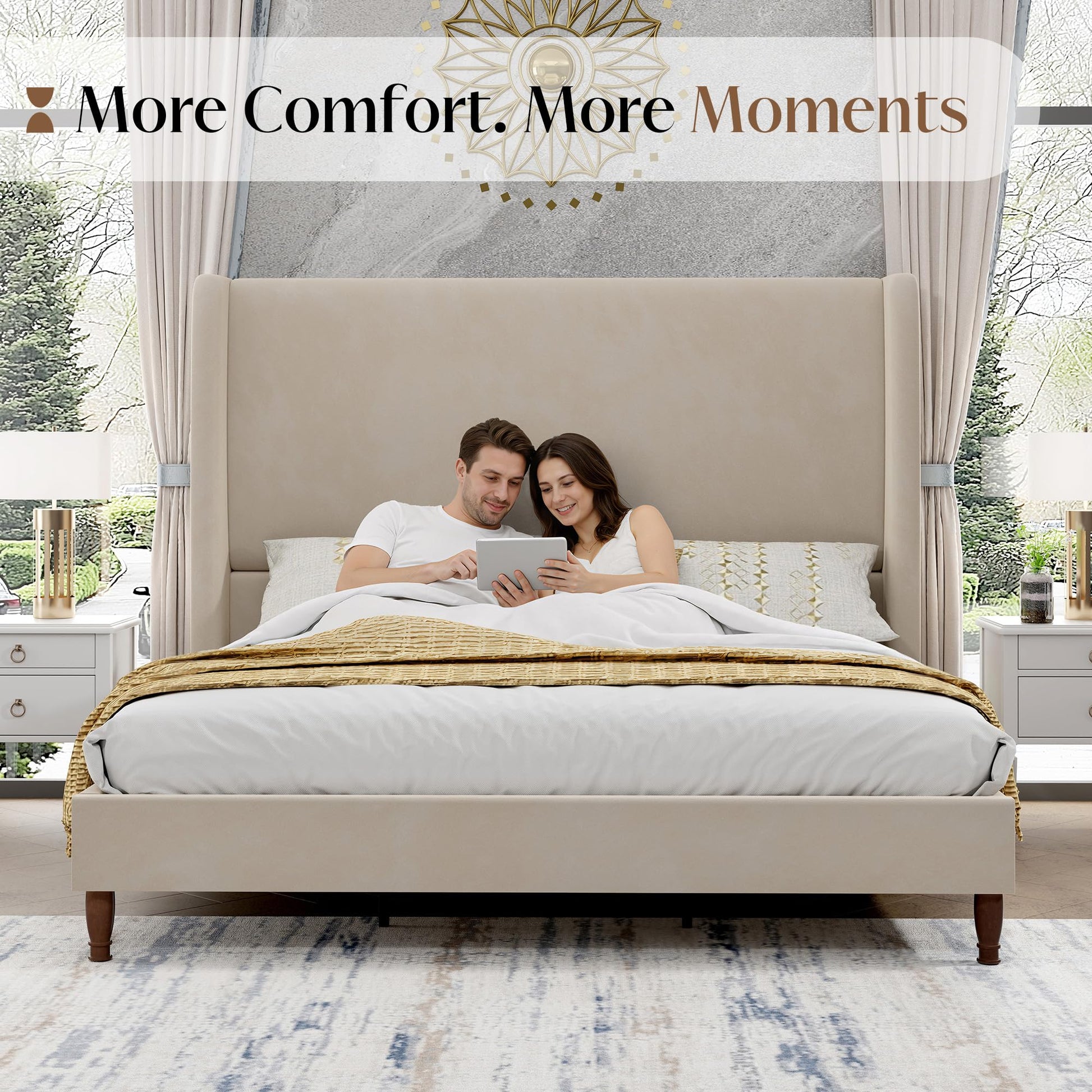 Tall Upholstered Bed Frame with Wingback Headboard-King-Off-white