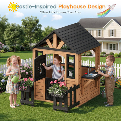 Wooden Outdoor Playhouse for Kids with Kitchen-Brown-51.4" L x 60.2" W x 60.2" H
