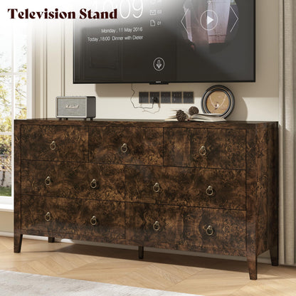 Burl Mid Century 7-Drawer Wood Dresser-Brown