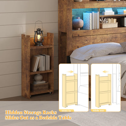 Farmhouse King Headboard with Storage & LED Lighting-Rustic Brown-Queen