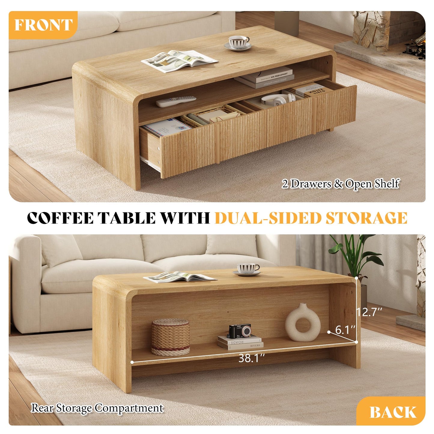 Modern Wood Grain Coffee Table with Drawers-Natural Oak-Fluted