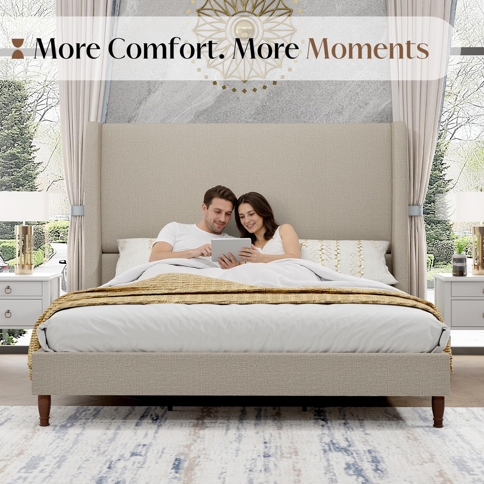 Tall Upholstered Bed Frame with Wingback Headboard-Full-Khaki