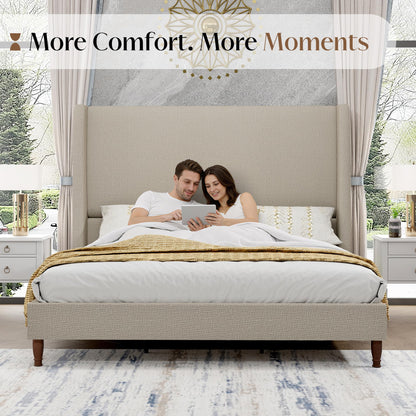 Tall Upholstered Bed Frame with Wingback Headboard-Full-Khaki