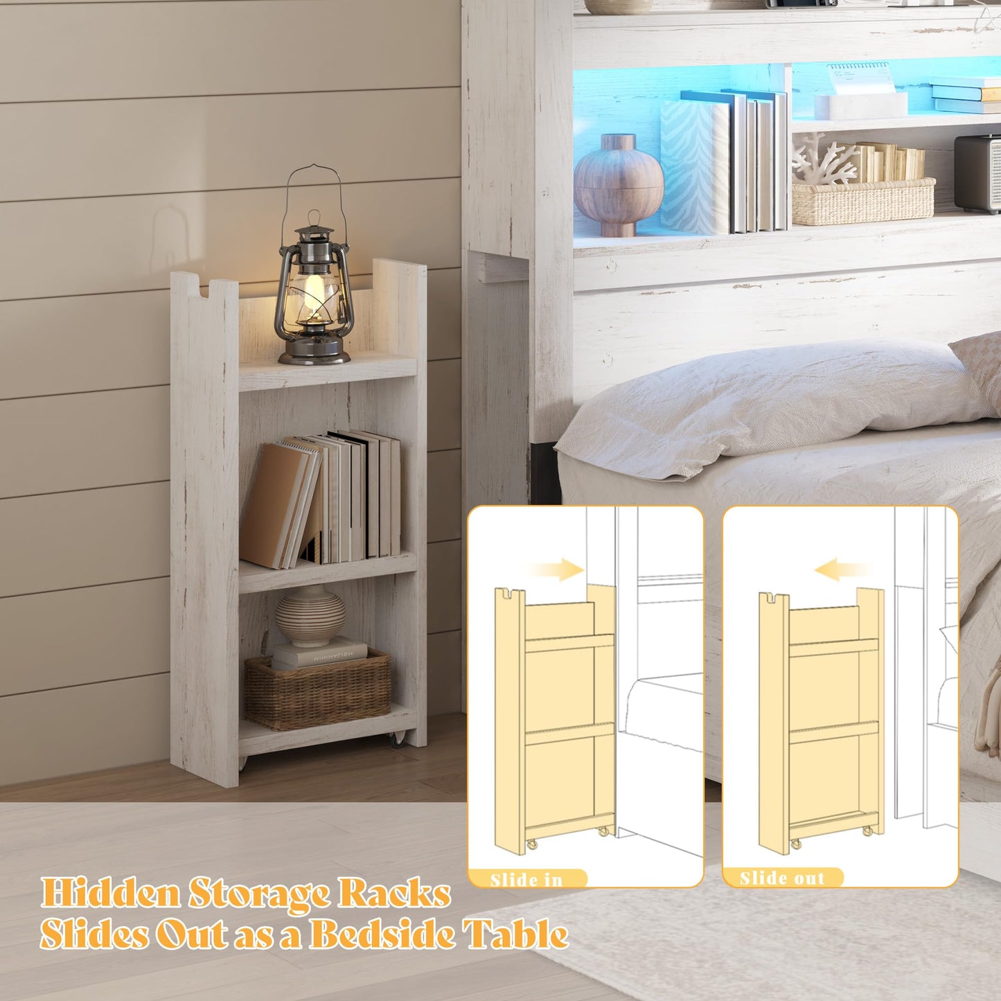 Farmhouse King Headboard with Storage & LED Lighting-Distressed White-King