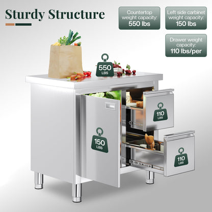 Stainless Steel Work Table with Cabinet & Drawers-24" x 36" x 34" - Work Table with Cabinet & Drawer