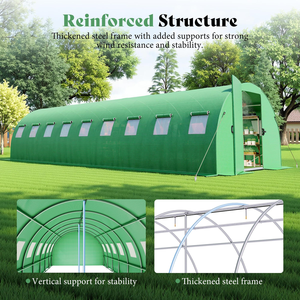 Pro Walk-In Greenhouse with Sprinkler System-30x10 FT(Frame NOT Included)-Green