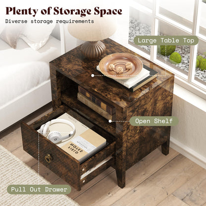 Burl Set of 2 Mid Century Modern Wood Nightstand with Drawer-Brown