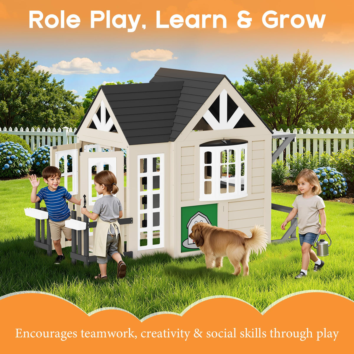 Wooden Outdoor Playhouse for Kids with Kitchen-Beige-98.8" L x 51.6" W x 64.6" H