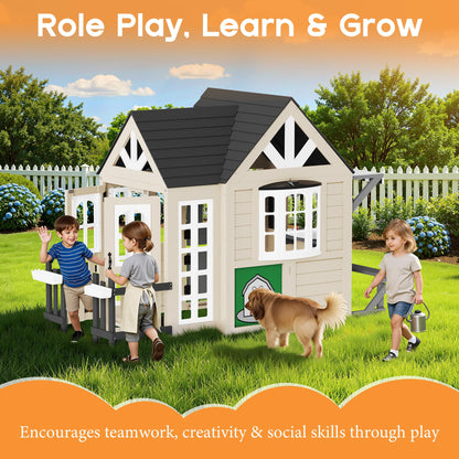 Wooden Outdoor Playhouse for Kids with Kitchen-Beige-98.8" L x 51.6" W x 64.6" H