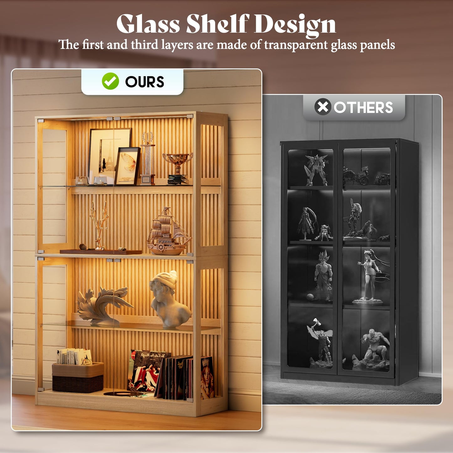 RGB Display Cabinet with Adjustable Glass Shelves Amerlife Wood / 45x16x70in