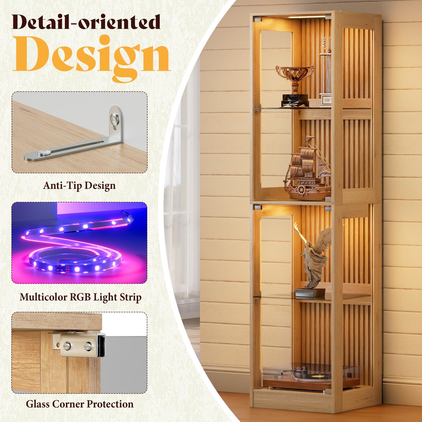 RGB Display Cabinet with Adjustable Glass Shelves Amerlife Wood / 16x16x70in