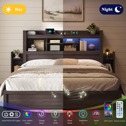 Farmhouse King Headboard with Storage & LED Lighting-Black Oak-Queen