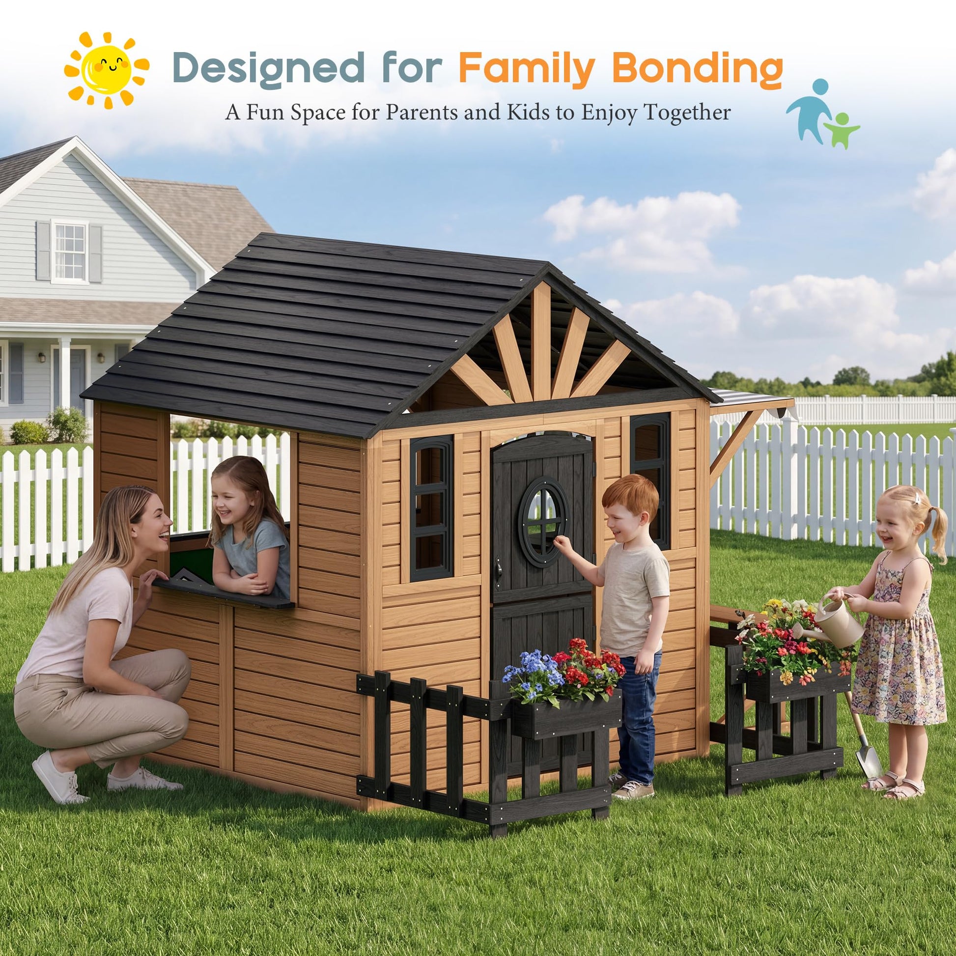 Wooden Outdoor Playhouse for Kids with Kitchen-Brown-81.9" L x 83.9" W x 64.8" H
